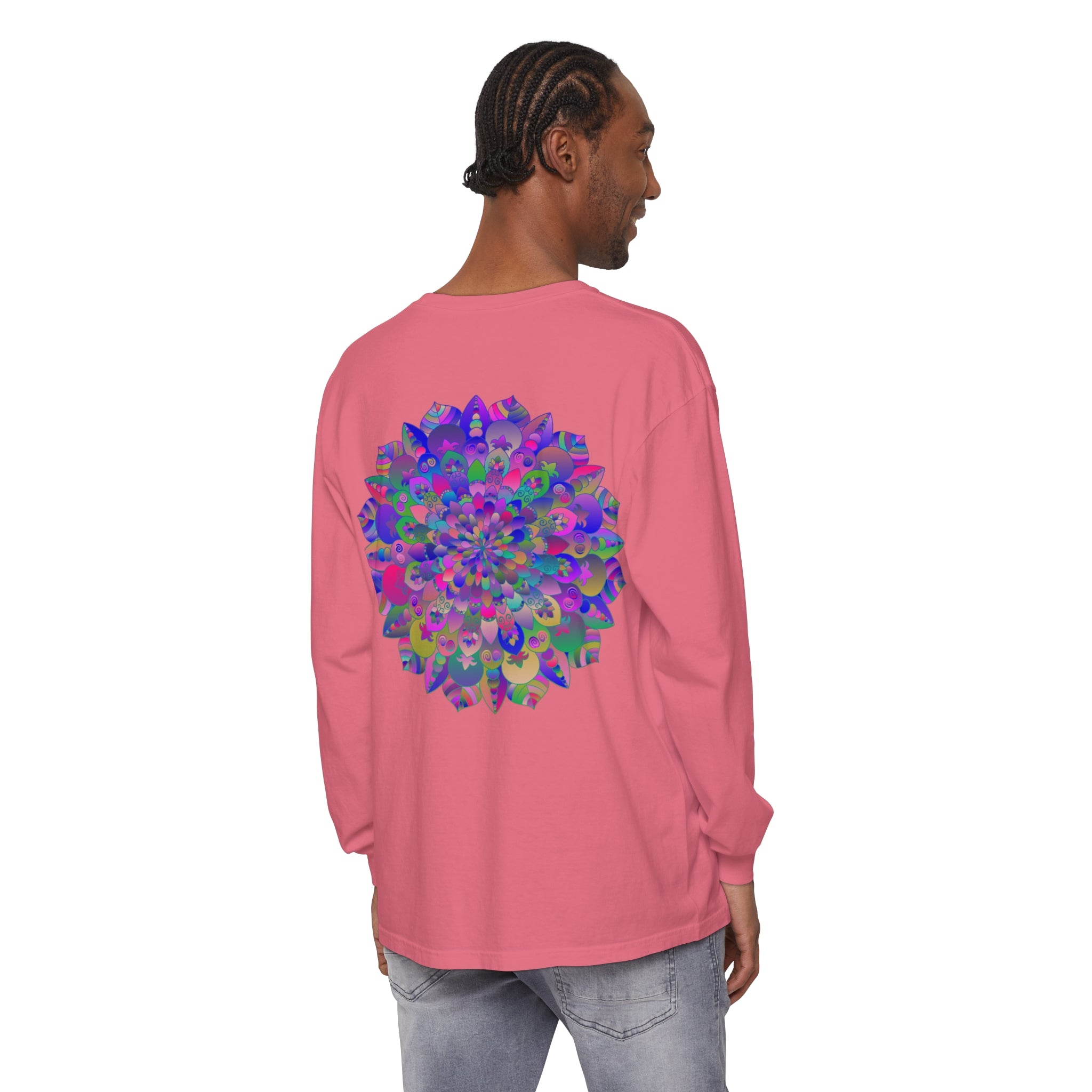 Colorful and intricate mandala design on a long sleeve t-shirt