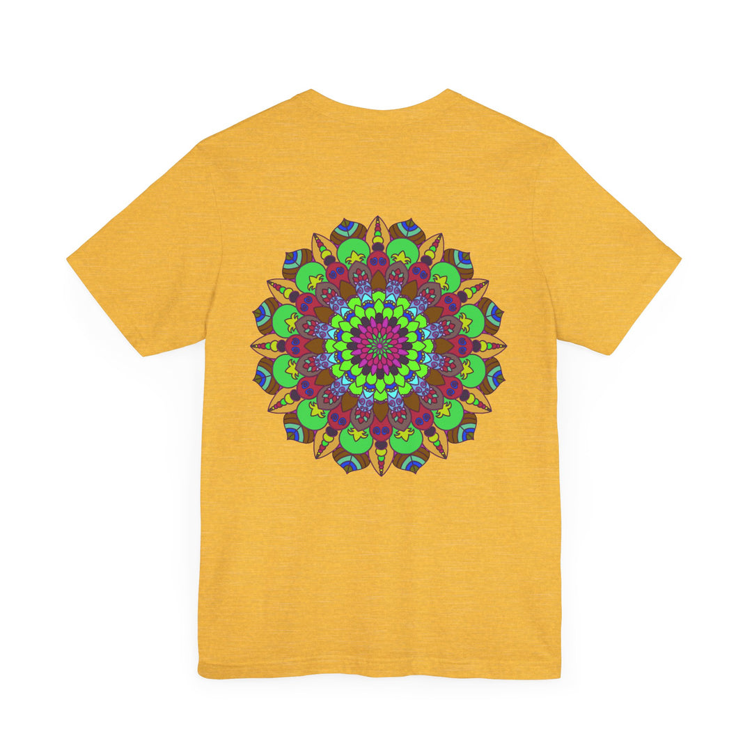 Colorful mandala design t-shirt in vibrant hues promoting peace and harmony