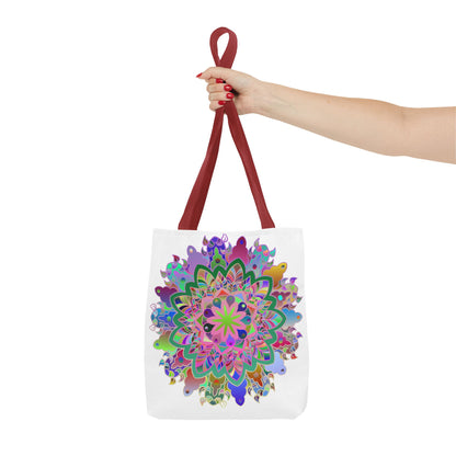 Vibrant and intricate mandala design tote bag in multiple colors