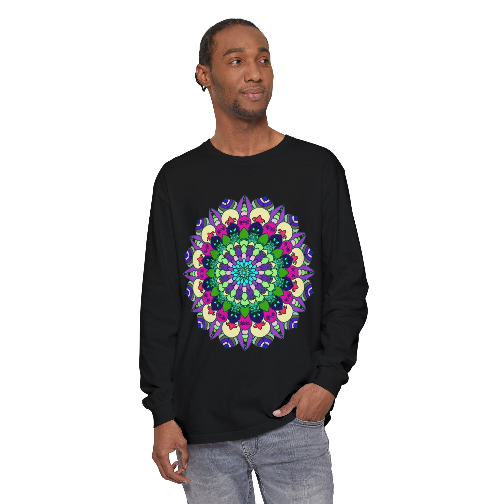 Colorful and detailed mandala design on a long sleeve t-shirt for anyone to wear