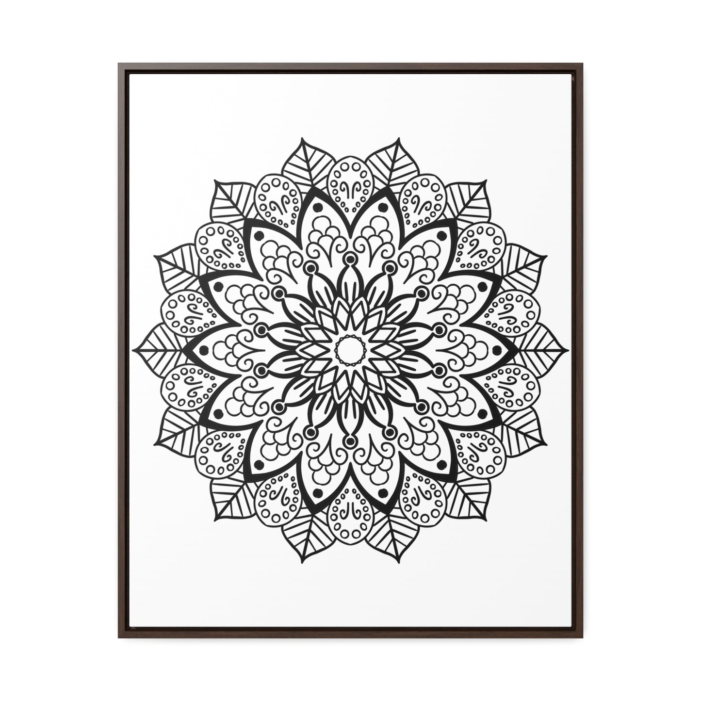 Handmade black and white Mandala art on gallery canvas wraps, displayed in a vertical frame