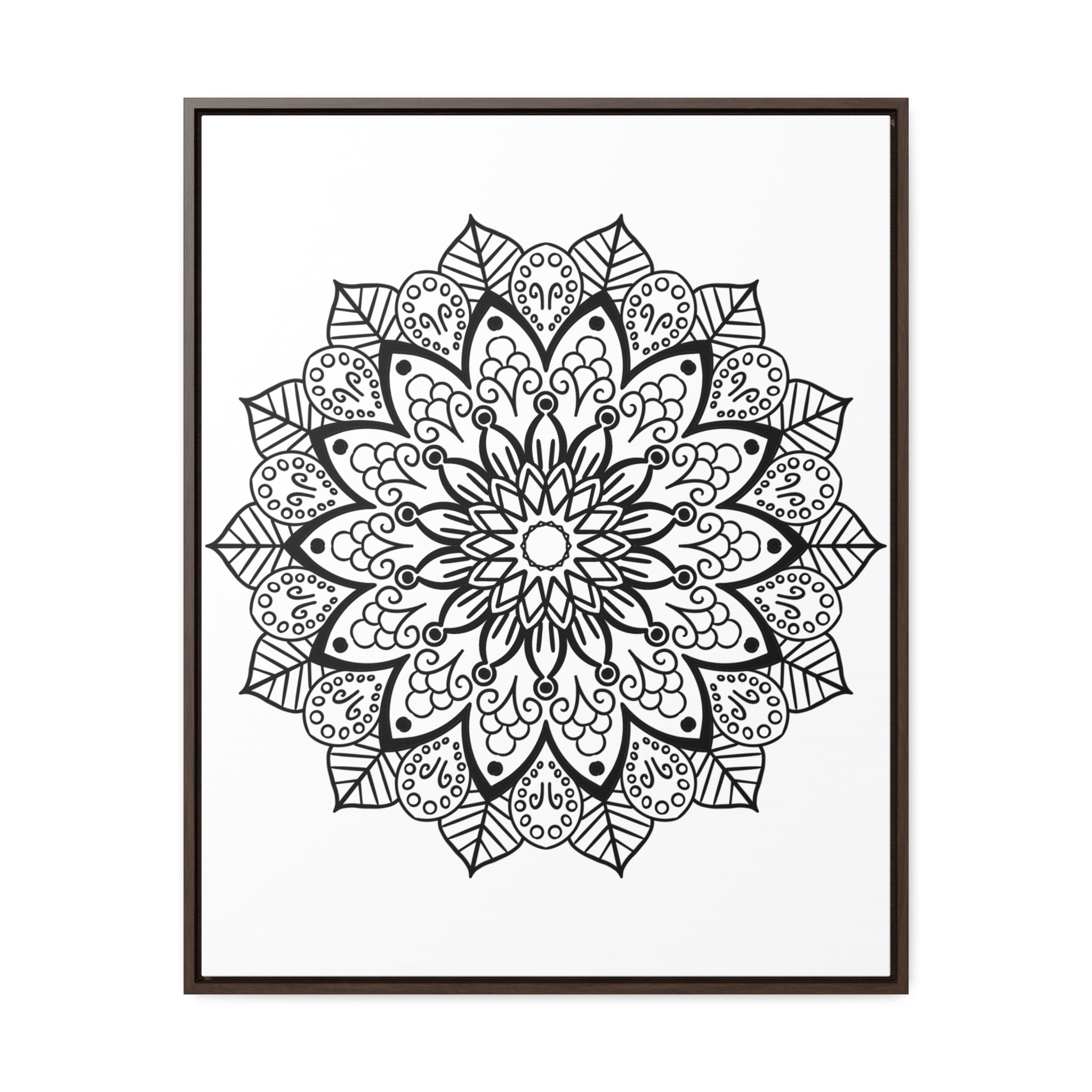 Handmade black and white Mandala art on gallery canvas wraps, displayed in a vertical frame