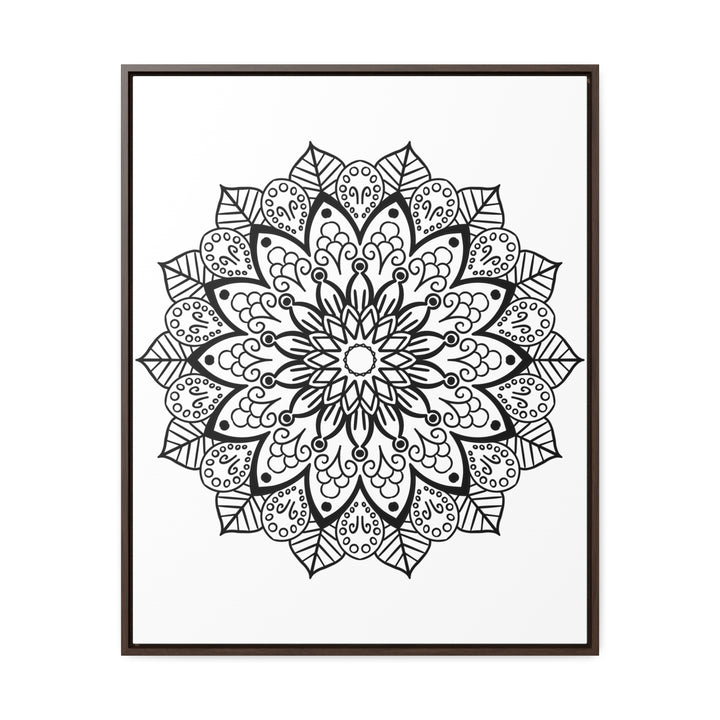 Handmade black and white Mandala art on gallery canvas wraps, displayed in a vertical frame