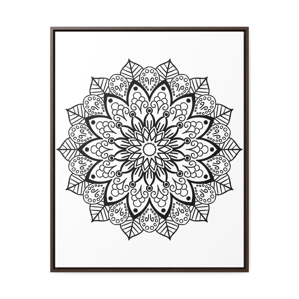 Handmade black and white Mandala art on gallery canvas wraps, displayed in a vertical frame