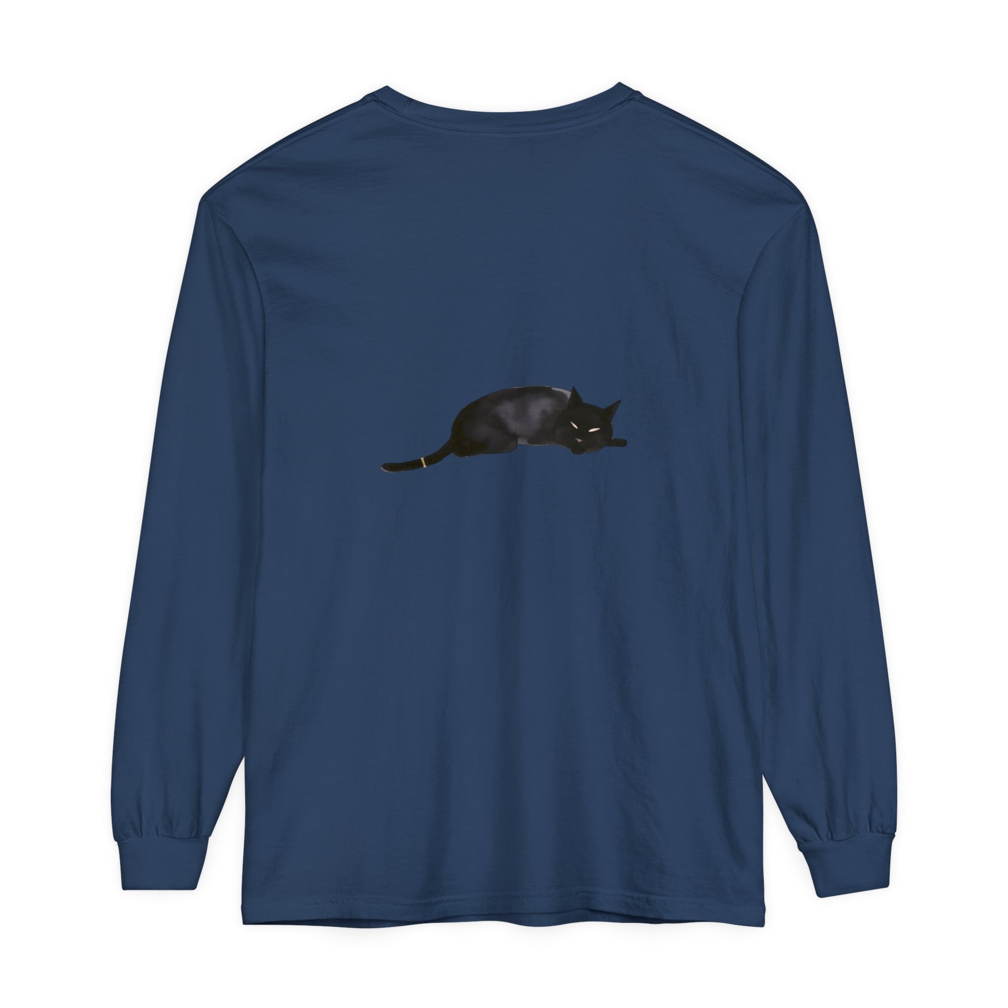 A cozy, black long sleeve t-shirt featuring a sleeping cat design