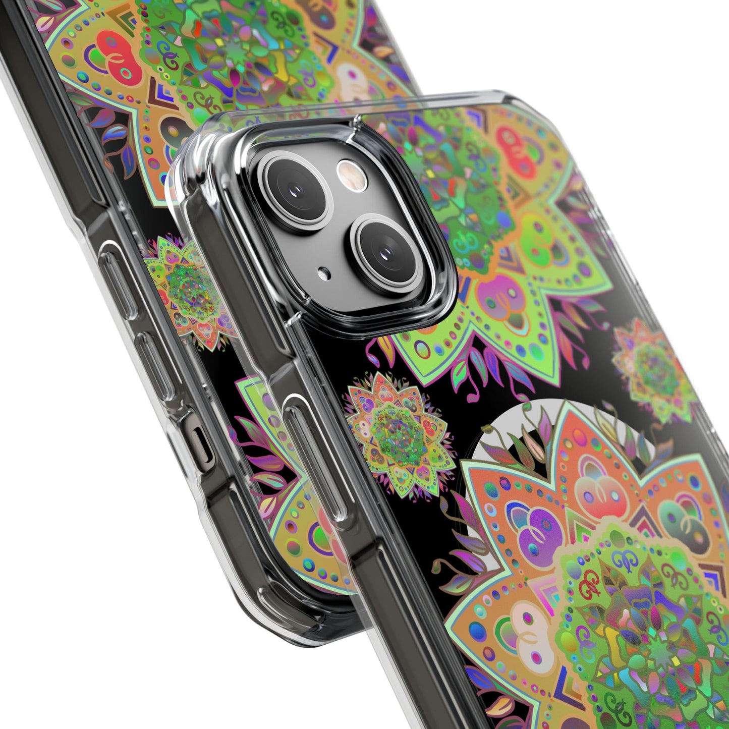 Chic Mandala MagSafe®-Compatible iPhone 14/15 Impact Case with vibrant colors and strong impact protection