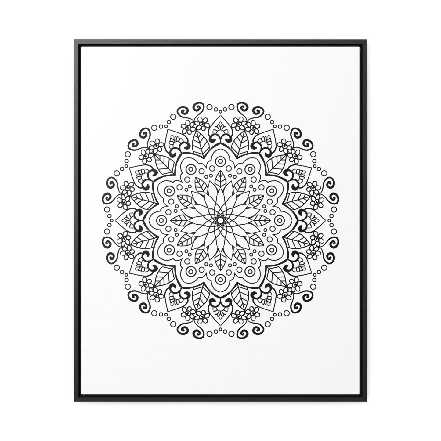 Handmade black and white mandala art on gallery canvas wraps in vertical frame