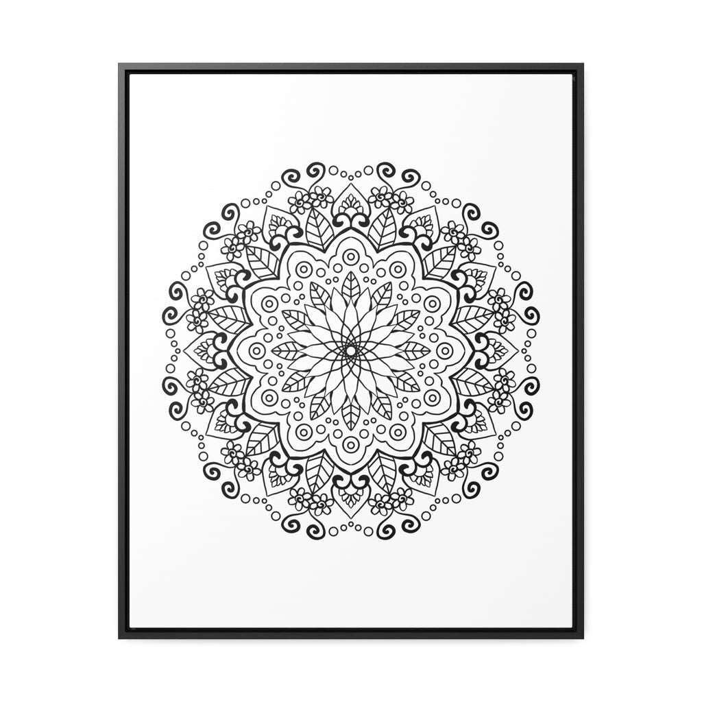 Handmade black and white mandala art on gallery canvas wraps in vertical frame