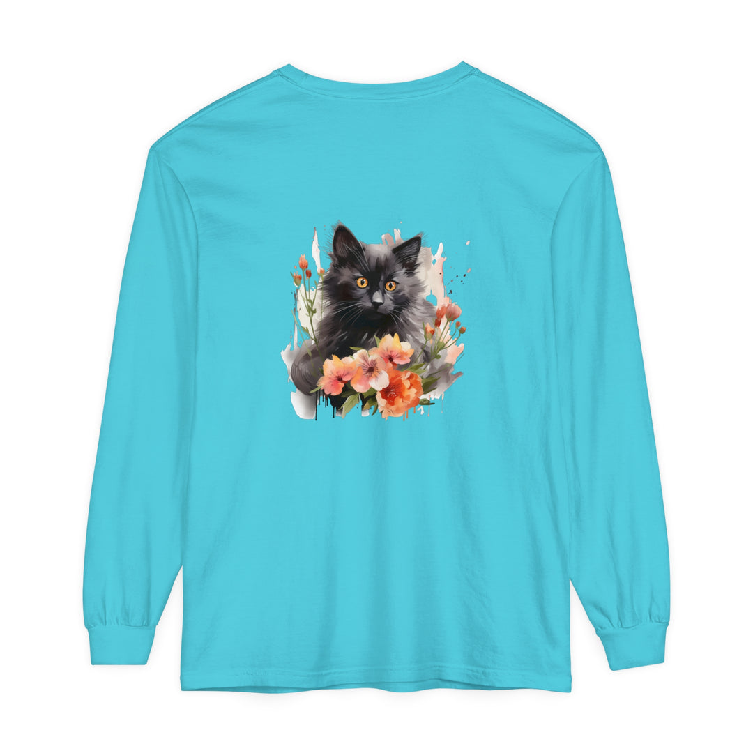 Black Cat & Flowers Watercolor T-Shirt depicting a cute feline surrounded by vibrant floral designs on a high-quality black tee