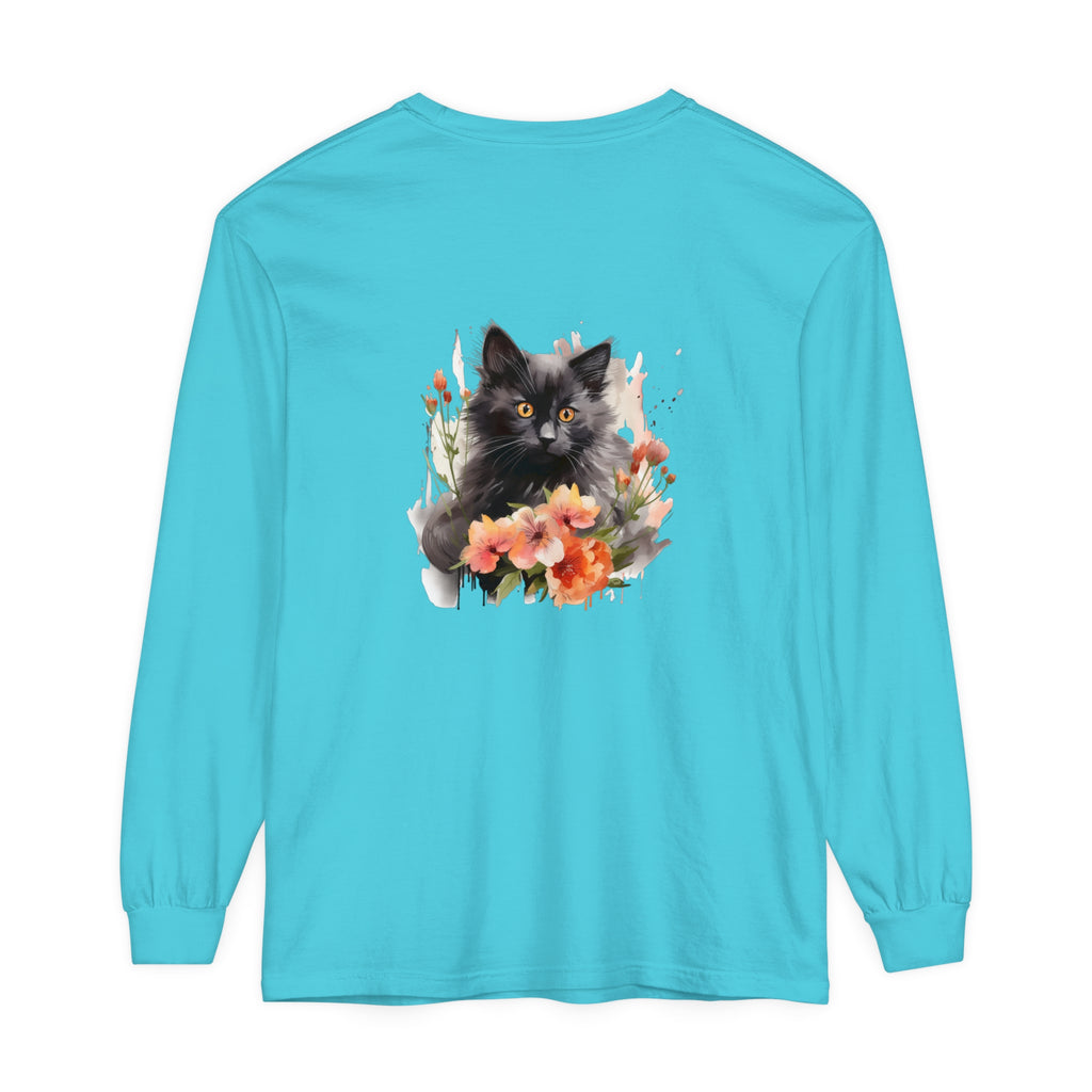 Black Cat & Flowers Watercolor T-Shirt depicting a cute feline surrounded by vibrant floral designs on a high-quality black tee