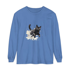 A close-up image of a black t-shirt with a watercolor splash design featuring a cat silhouette