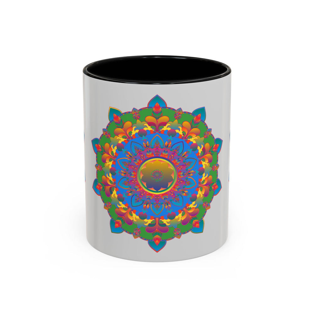 Unique and vibrant art of mandala flowers on grey mug