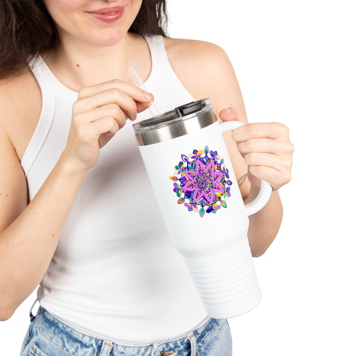 40oz Insulated Travel Mug — Purple Floral Mandala Design