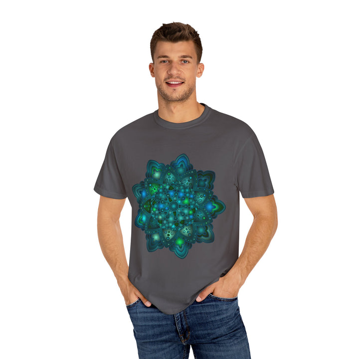 Intricate blue and green mandala design t-shirt, suitable for both men and women