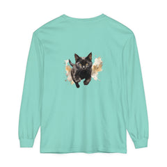 Black Cat Watercolor Sprint Unisex T-Shirt featuring a vibrant watercolor design of a black cat sprinting across the front, perfect for cat lovers and fans of unique, artistic apparel