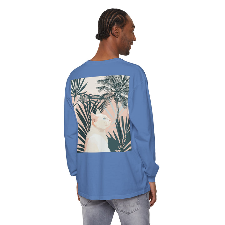 White Cat Tropical Mandala Long Sleeve T-Shirt with vibrant and colorful design