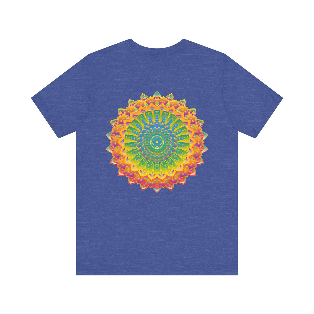 A colorful and intricate mandala design on a tee promoting spiritual peace and harmony