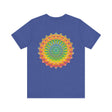 A colorful and intricate mandala design on a tee promoting spiritual peace and harmony