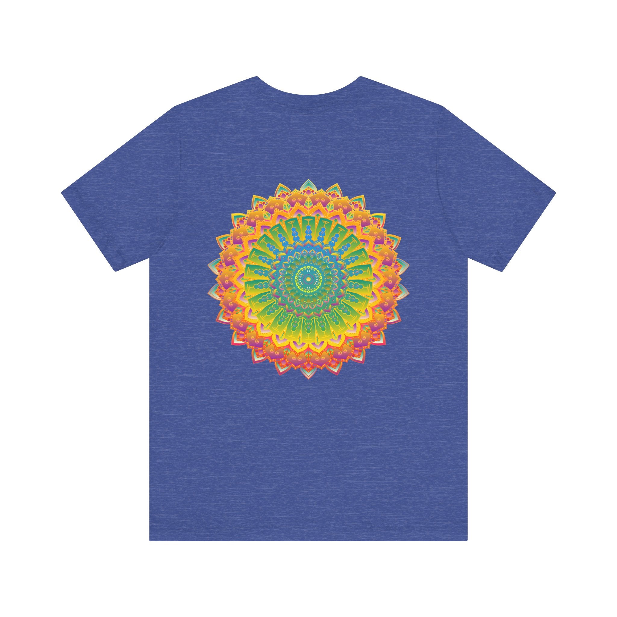 A colorful and intricate mandala design on a tee promoting spiritual peace and harmony