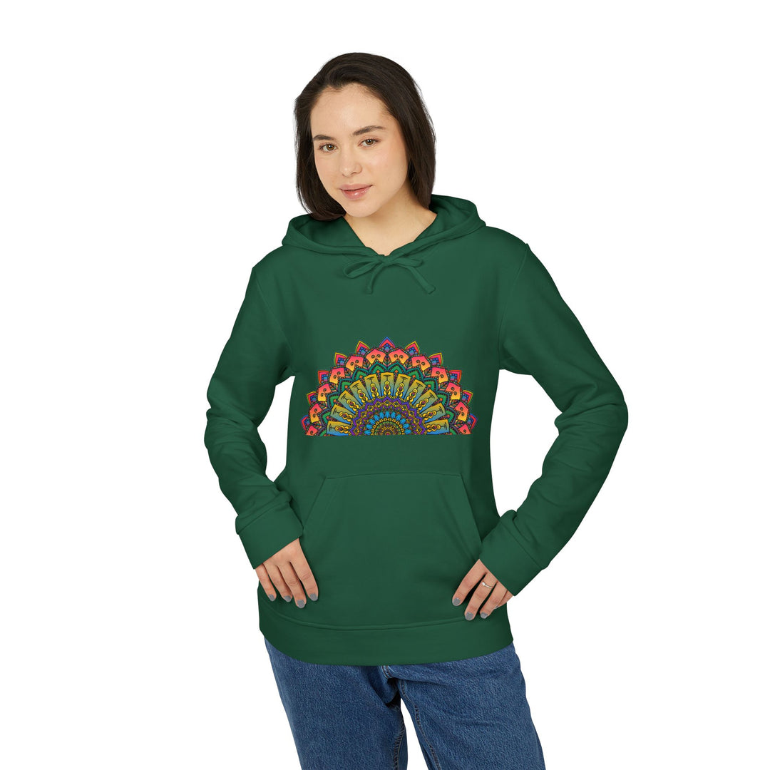 Colorful and intricate rainbow mandala print on a cozy and stylish hoodie