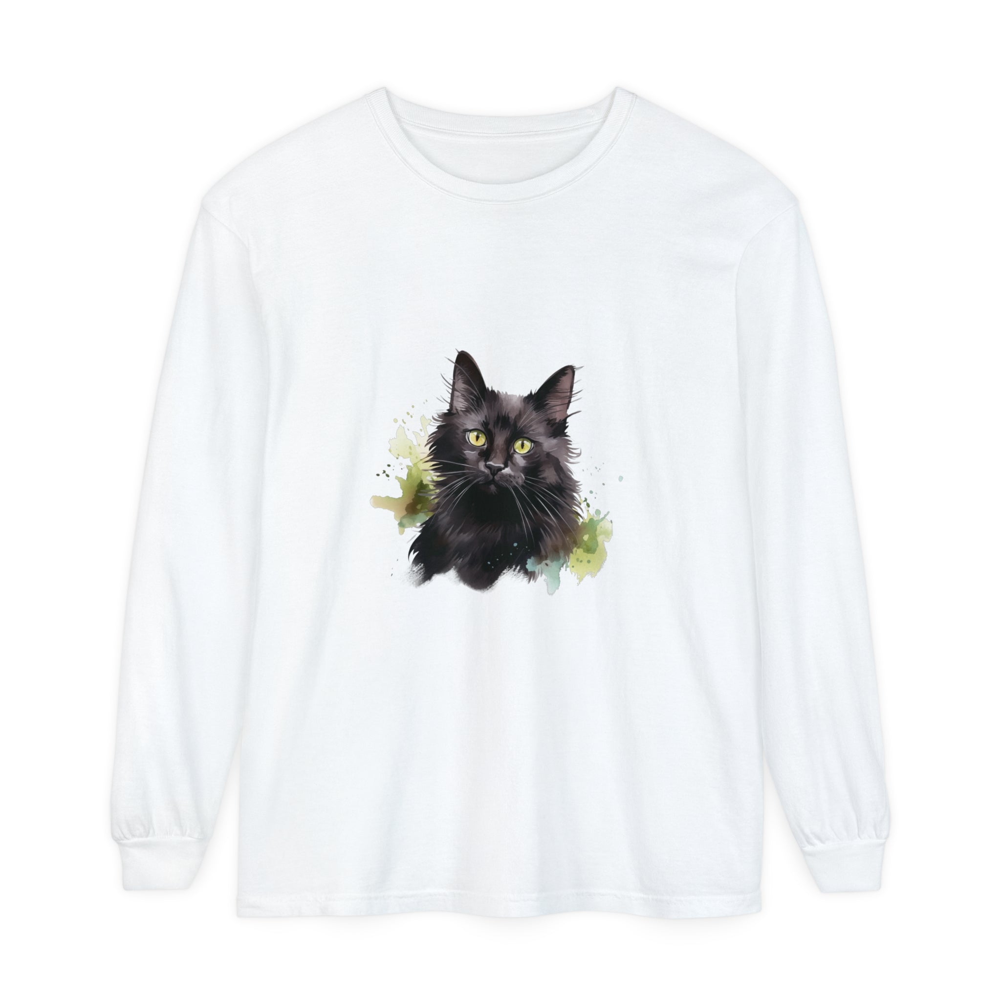 Black Cat Watercolor Splash Long Sleeve T-Shirt with vibrant feline design