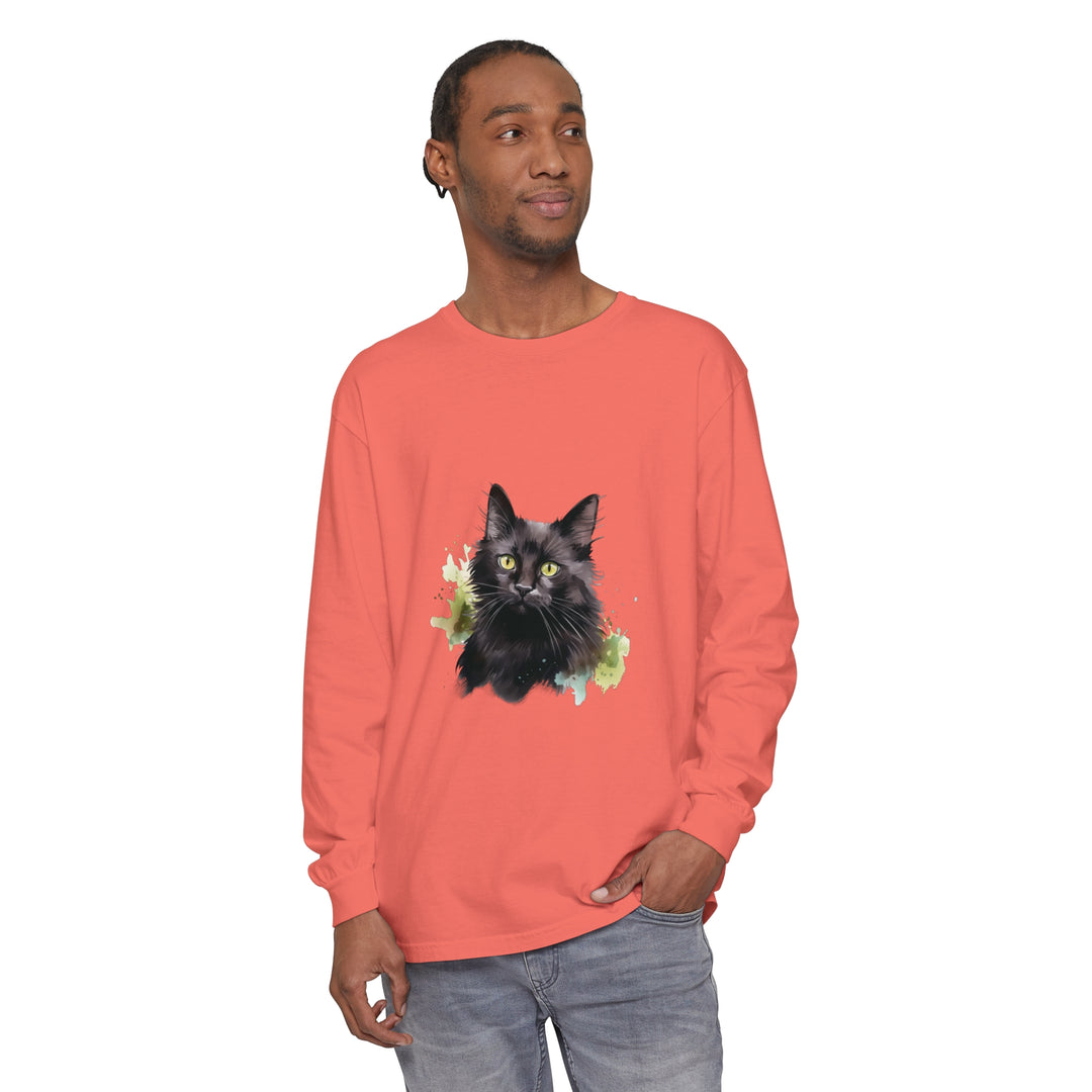 Black watercolor splash long sleeve t-shirt with a playful cat design