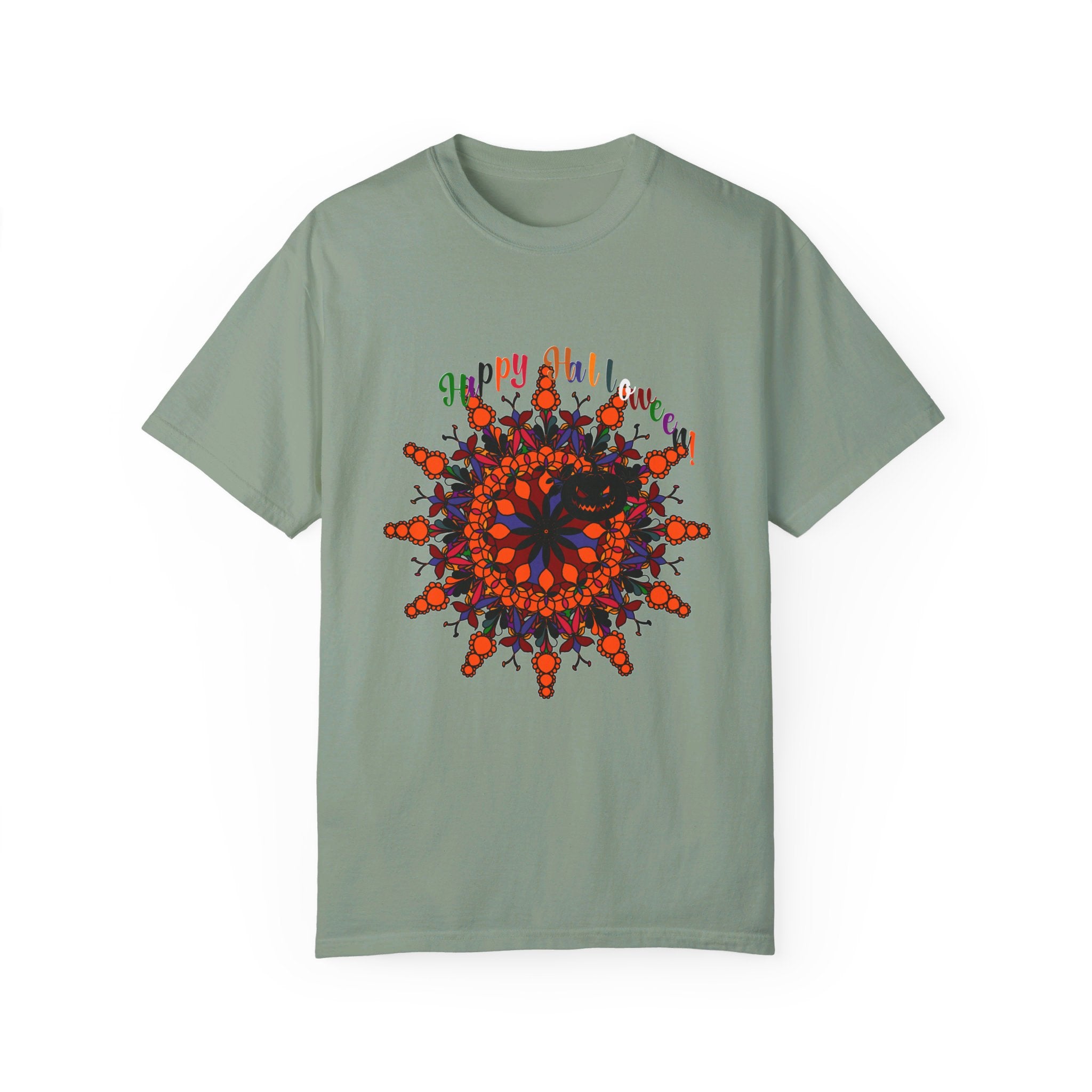 Handmade unisex Halloween mandala t-shirt with pumpkin mandala art on a garment-dyed tee