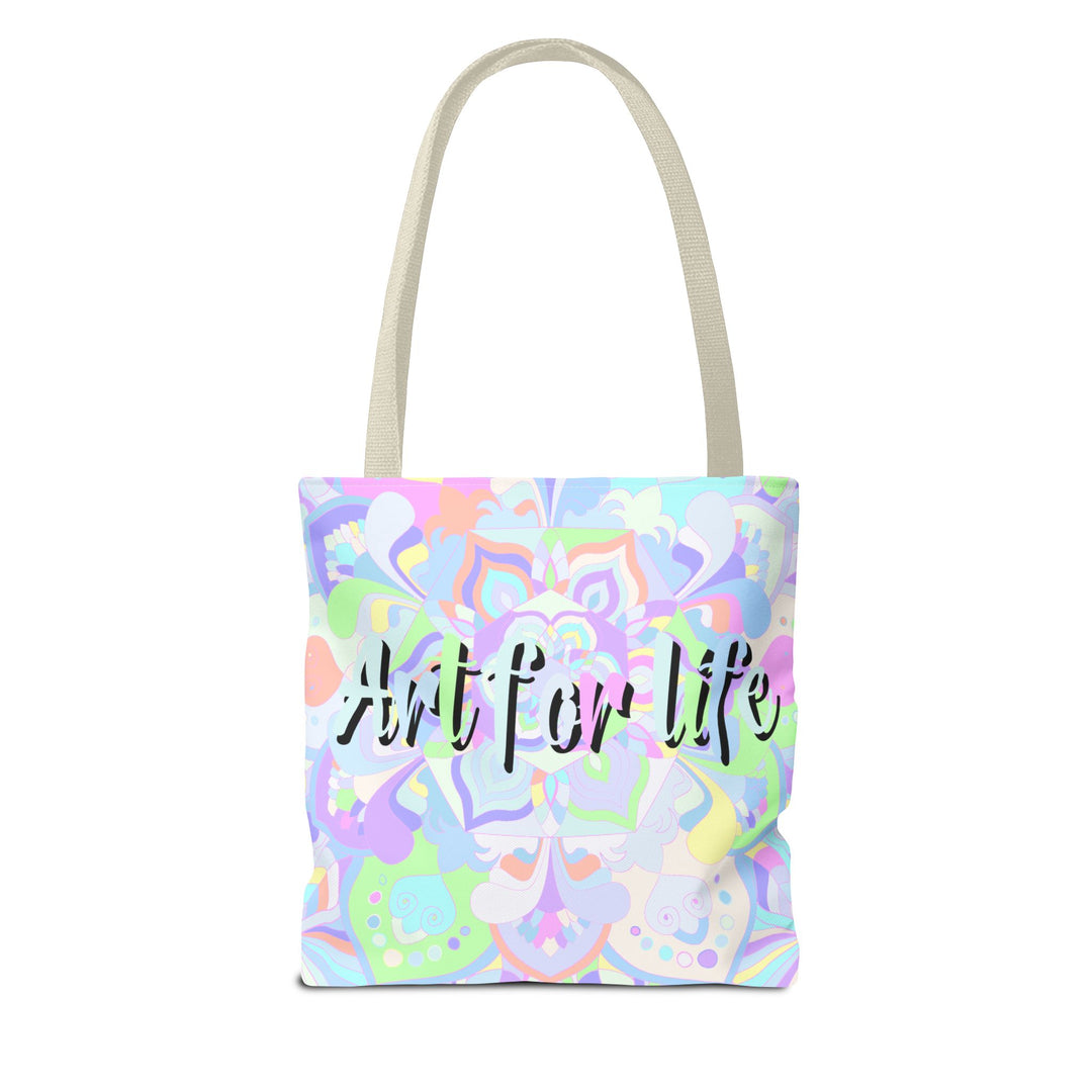 Colorful mandala tote bag with intricate design and inspiring 'Art for Life' quote, perfect for carrying all your essentials in style