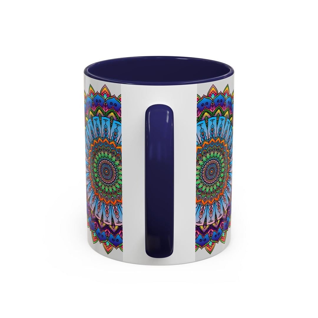 Beautiful and intricate vibrant mandala design on a grey mug