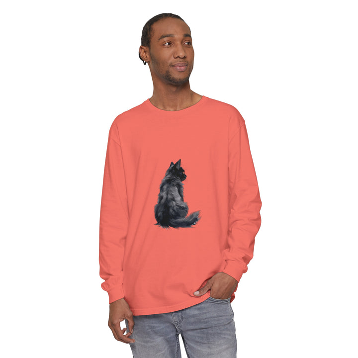 Black Cat Silhouette Unisex Long Sleeve T-Shirt in black color, perfect for Halloween lovers and cat enthusiasts, available in all sizes