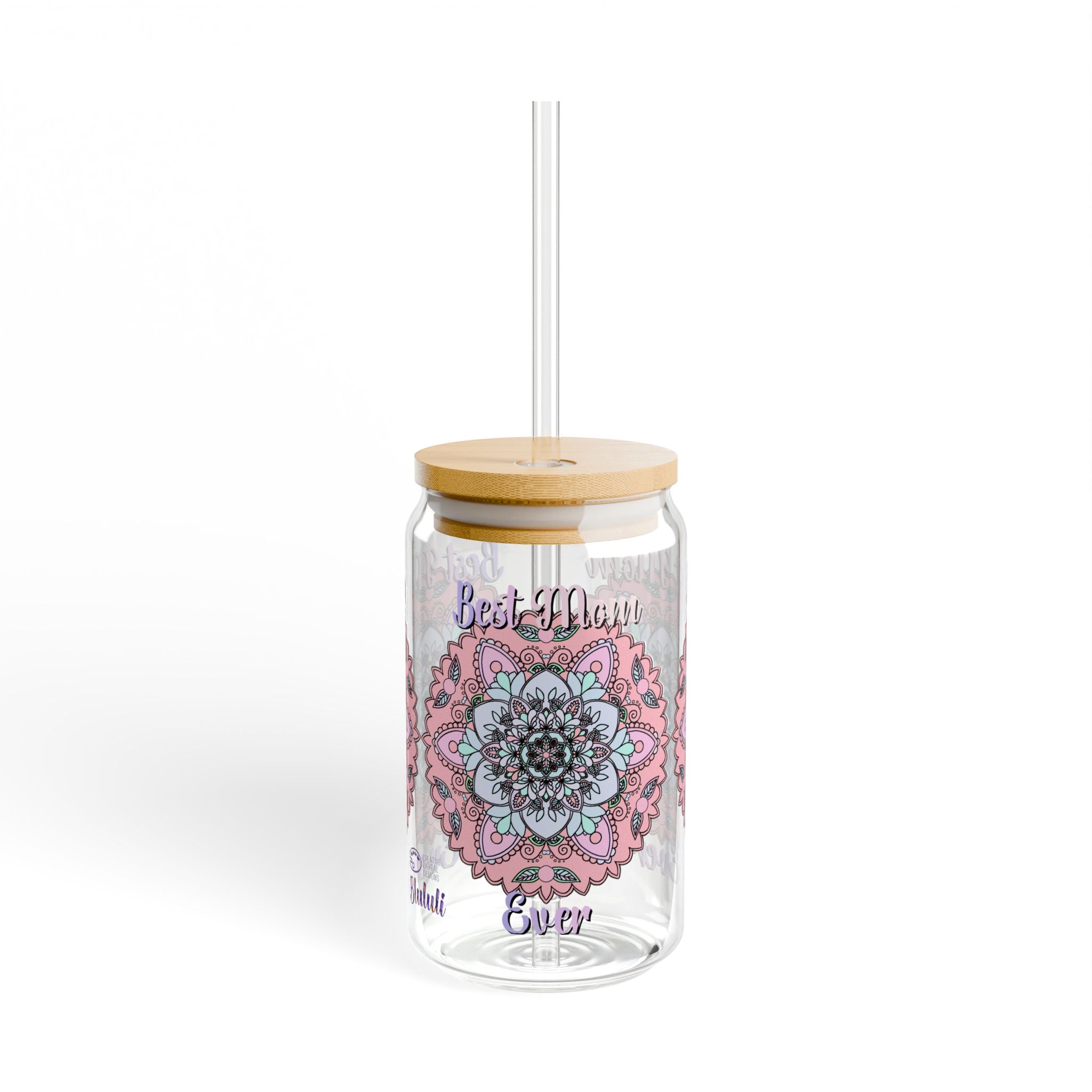Mandala 'Best Mom Ever' 16oz Sipper Glass with Bamboo Lid