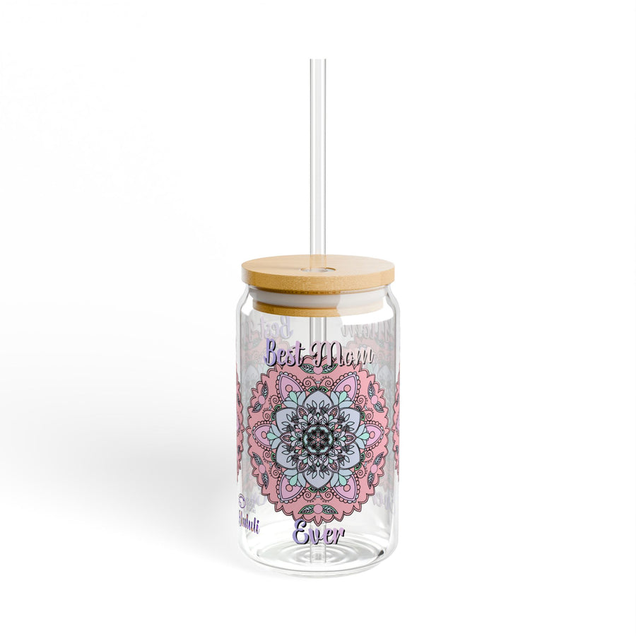 Mandala 'Best Mom Ever' 16oz Sipper Glass with Bamboo Lid