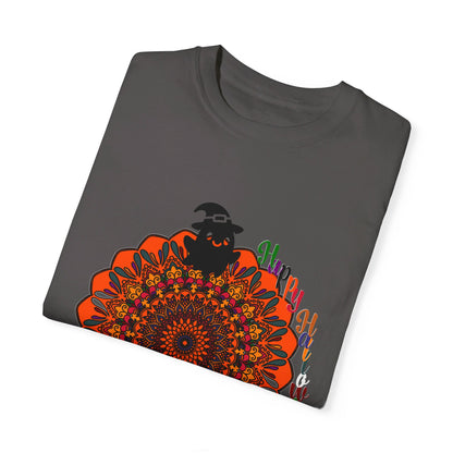 Handmade unisex Halloween mandala t-shirt featuring a pumpkin mandala art design on a garment-dyed tee