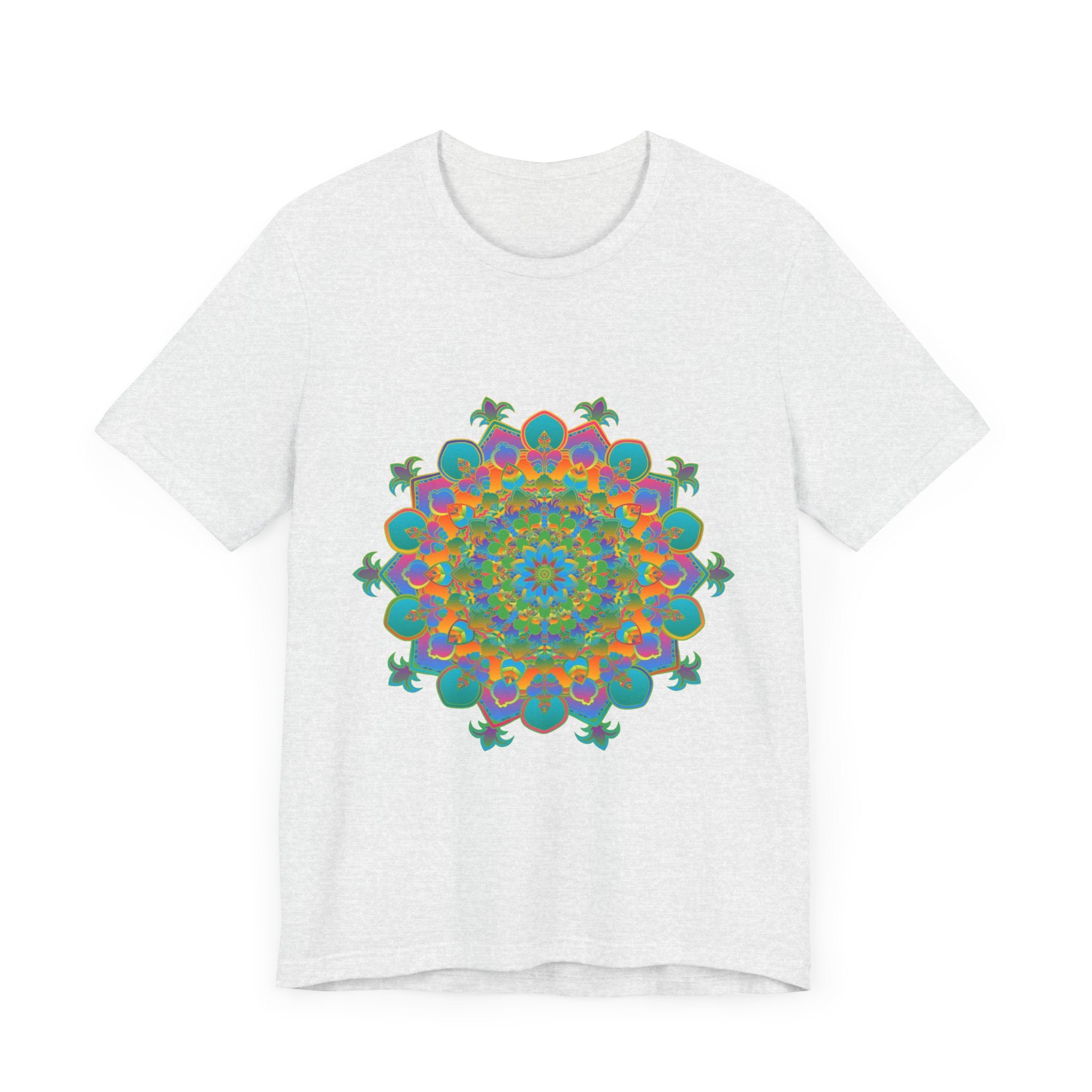 A close-up image of a vibrant mandala tee featuring a circular floral design in various bold and bright colors