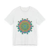 A close-up image of a vibrant mandala tee featuring a circular floral design in various bold and bright colors