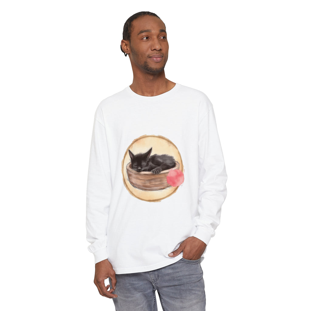 A watercolor illustration of a cute sleeping cat nestled in a bowl on a long sleeve t-shirt