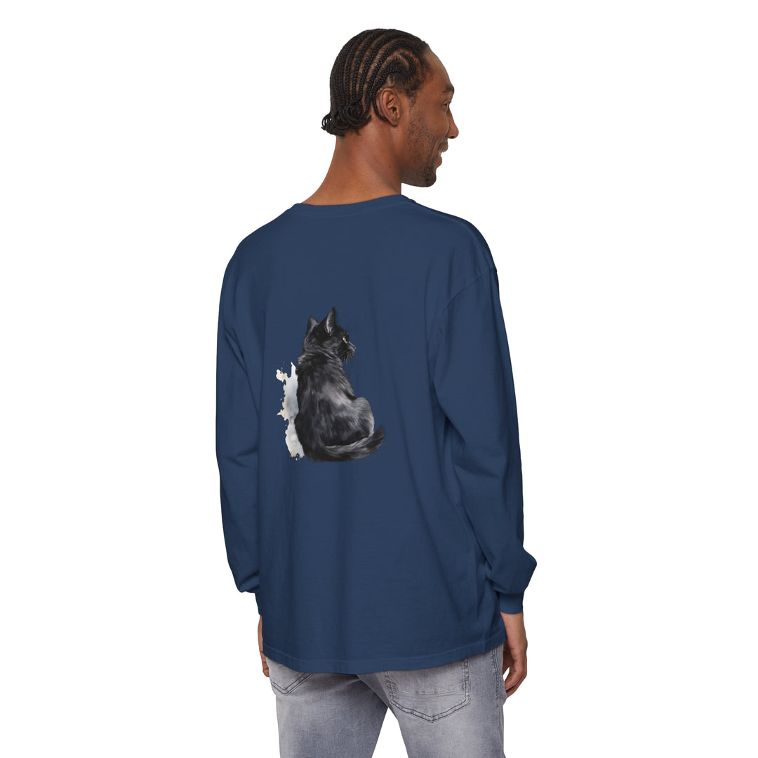 A watercolor-style black cat design on a unisex long sleeve t-shirt