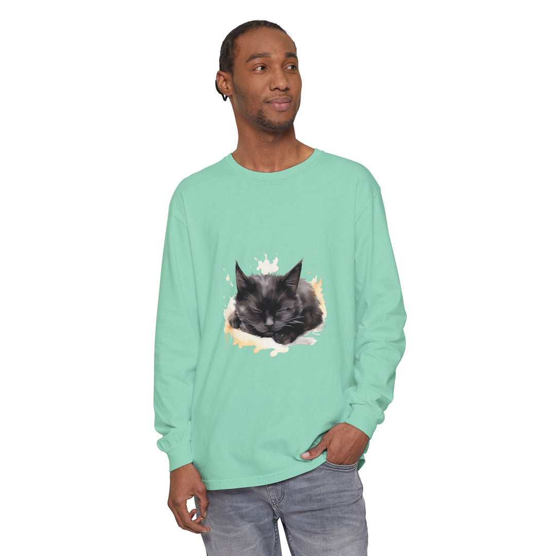 Langarm-T-Shirt mit Aquarellmotiv „Schlafende Katze“