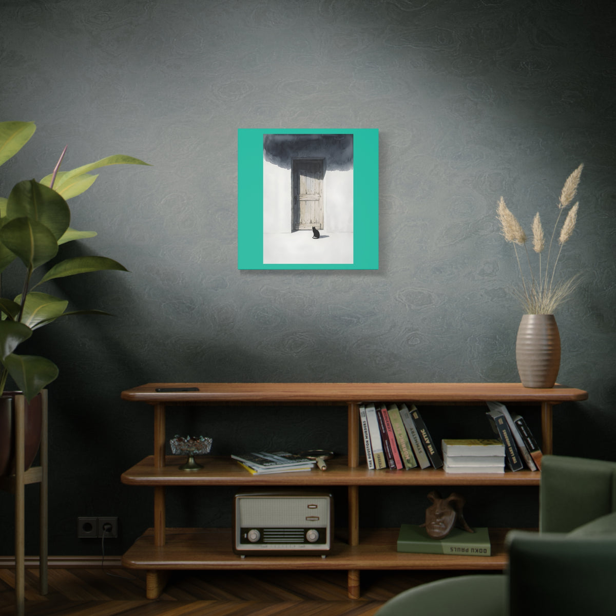 Cat at the Door Matte Canvas Wall Art — Moody Minimalist Cat Illustration
