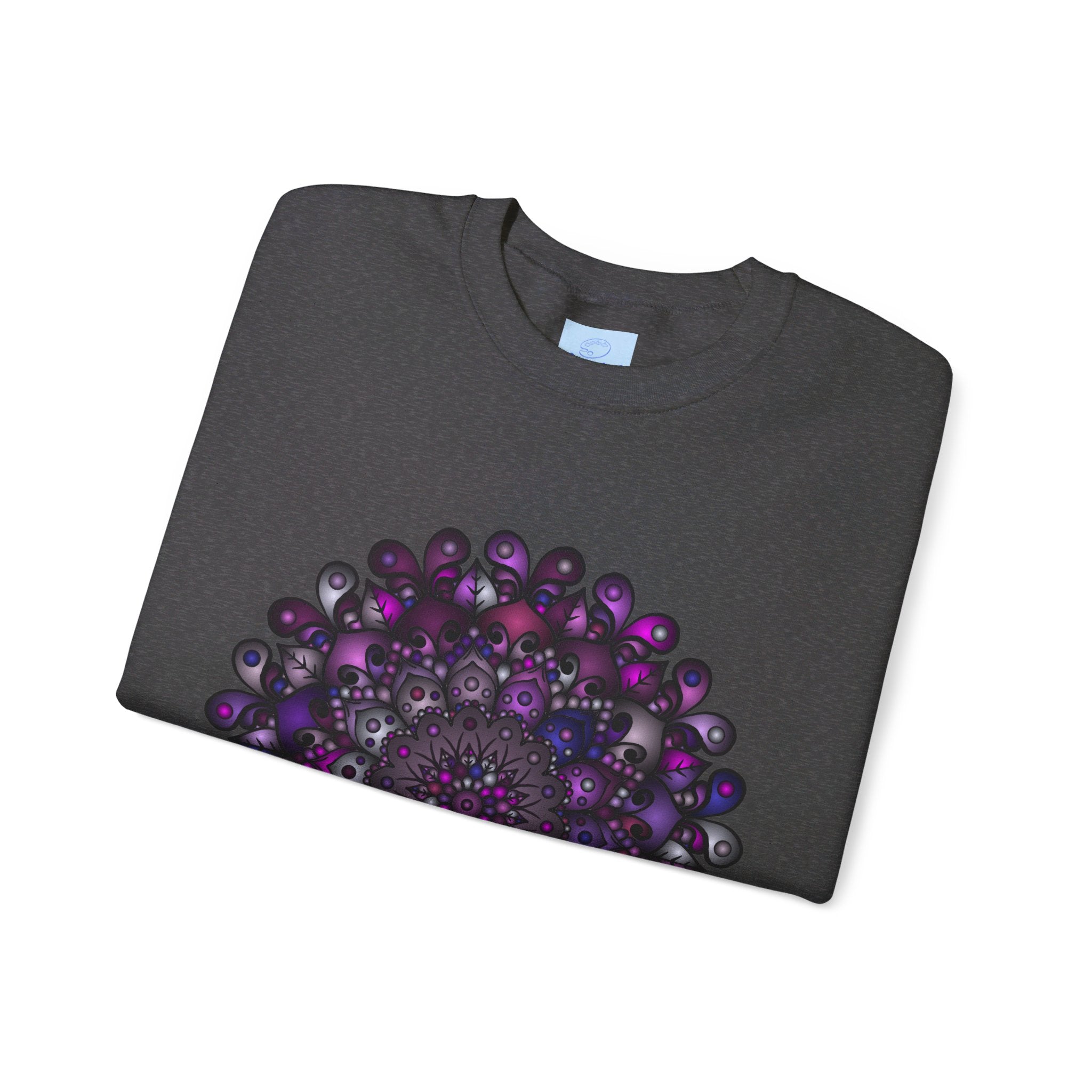 Unisex Heavy Blend™ Crewneck Sweatshirt with Purple Mandala Design, cozy and stylish for all genders, perfect for casual wear or lounging at home