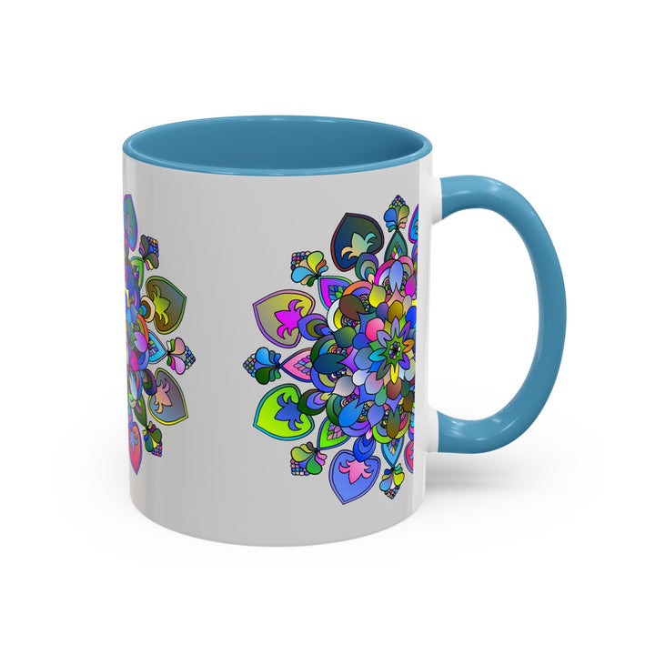 Colorful Mandala Mug with intricate floral art design on a grey background