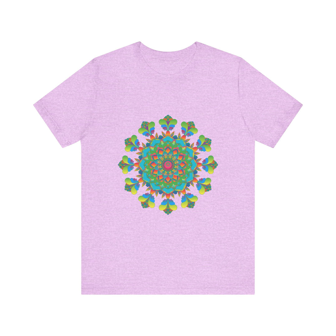 A vibrant and colorful tie-dye t-shirt featuring a psychedelic mandala design