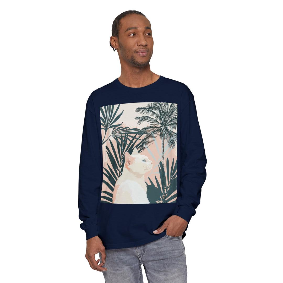 A beautiful long sleeve t-shirt featuring a white cat surrounded by a tropical mandala design