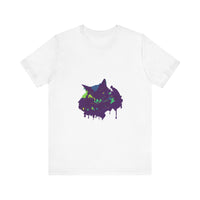 Black Cat Mystery t-shirt featuring a vibrant paint splatter design in various colors