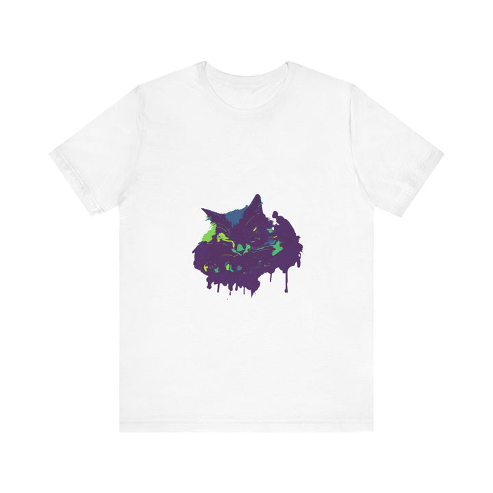 Black Cat Mystery t-shirt featuring a vibrant paint splatter design in various colors