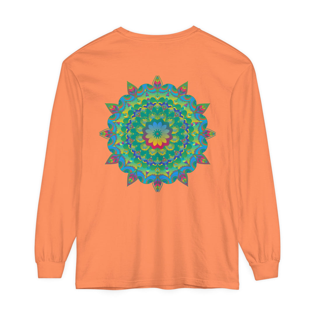 Colorful and vibrant psychedelic mandala design on a long sleeve t-shirt