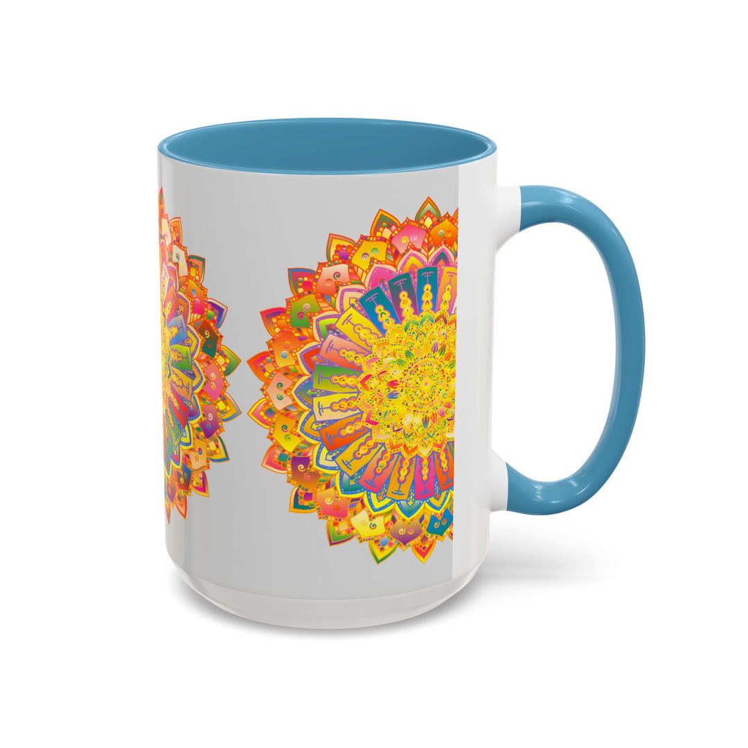 Colorful mandala pattern on a grey mug