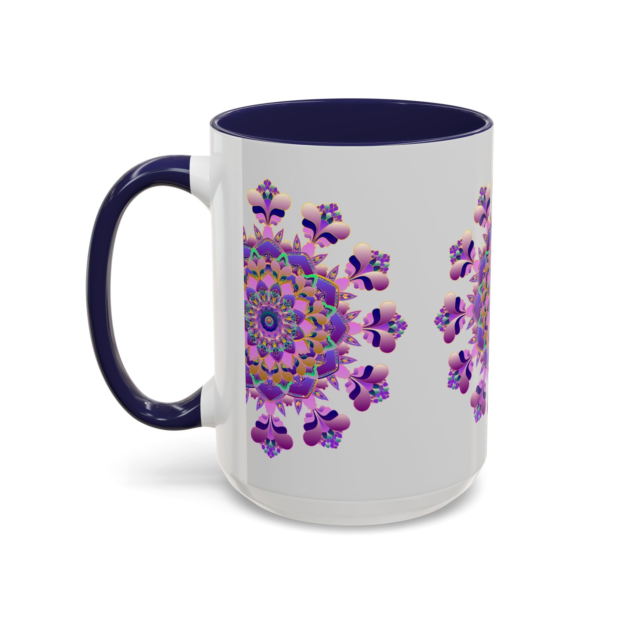 A beautiful mandala mug with a purple and pink floral design