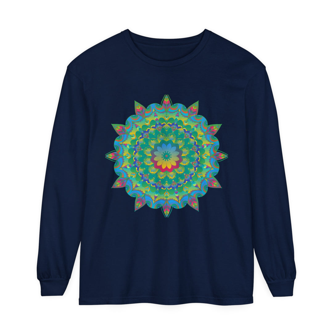 Colorful and vibrant mandala design long sleeve t-shirt for psychedelic fashion