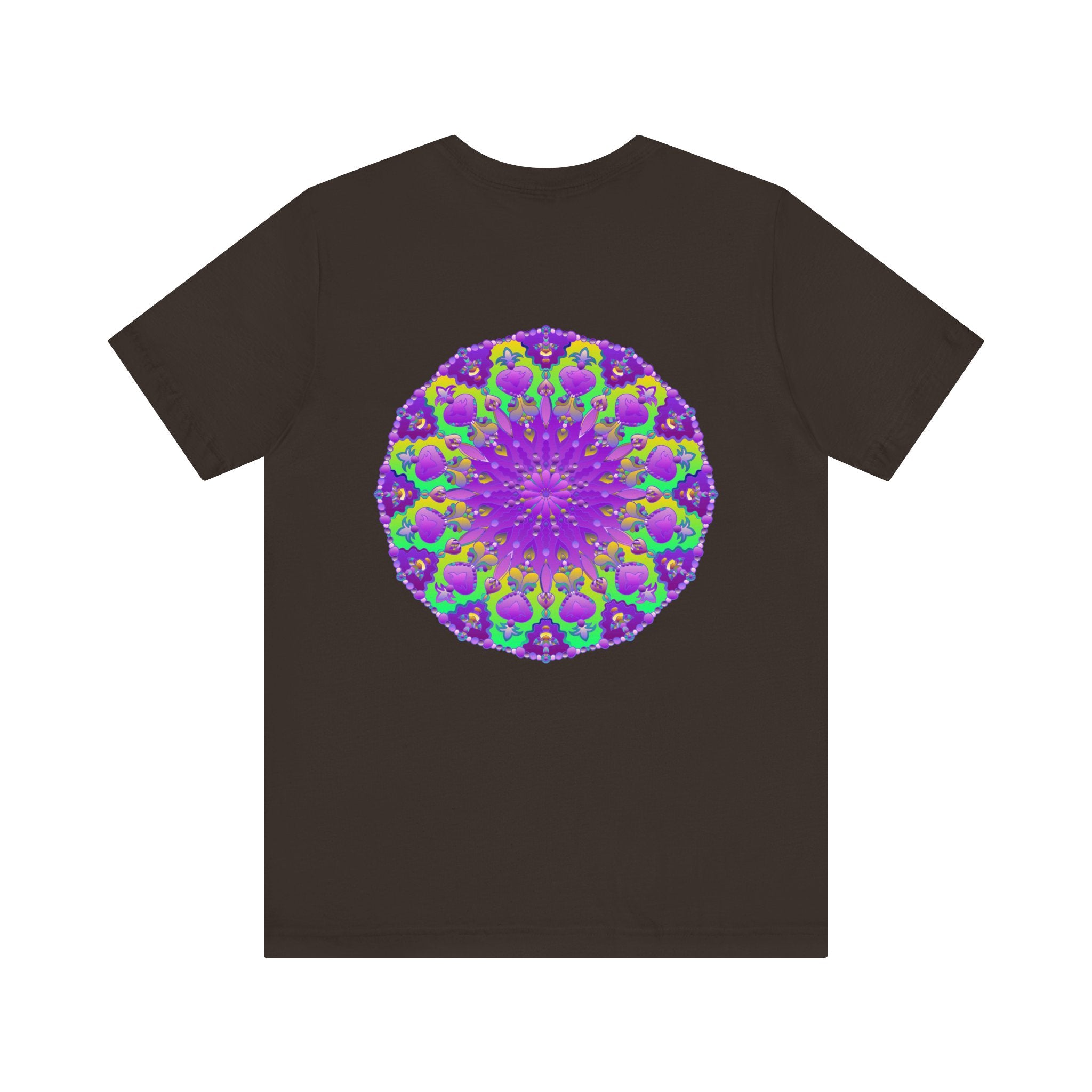 Vibrant purple mandala tee with intricate spiritual design promoting peace and harmony